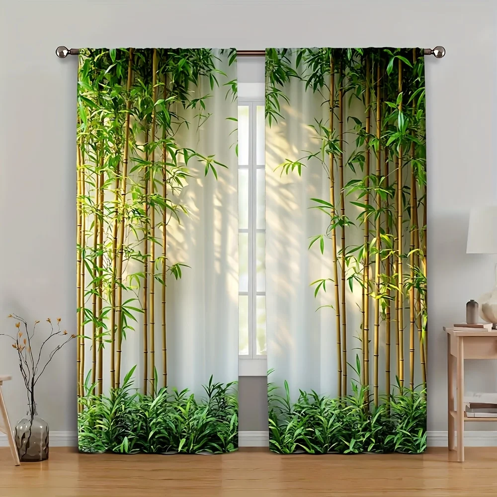 2pcs, Party Curtains bamboo pattern Machine Washable Fabric,Without Electricity Birthday Party Applies to Bedroom living room