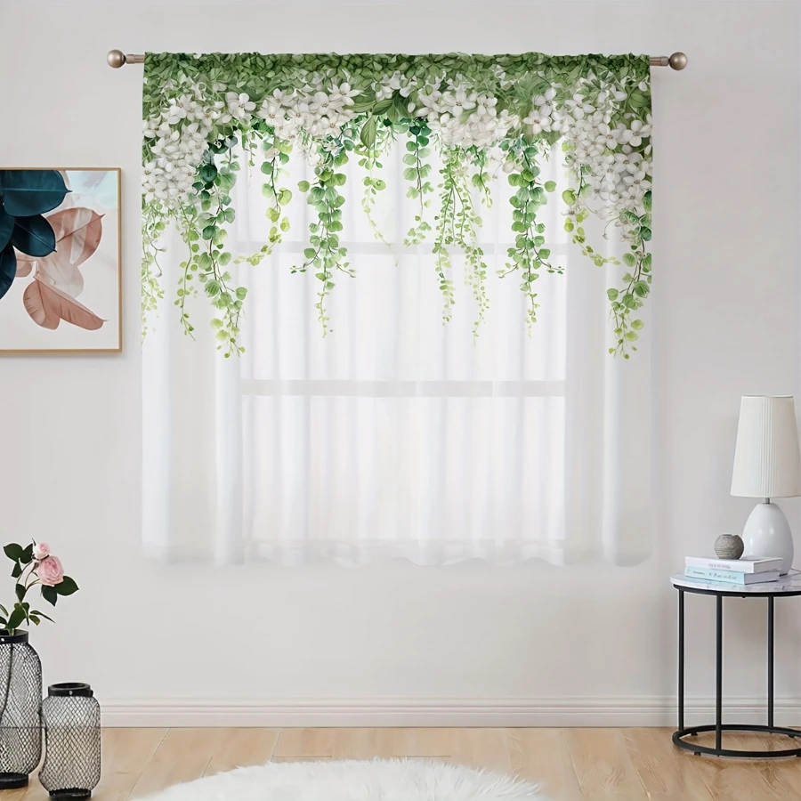 1PC Sheer Curtain White Flower Green Vine Botanical Print, Rod Pocket Window Curtain for Living Room Fresh Decor