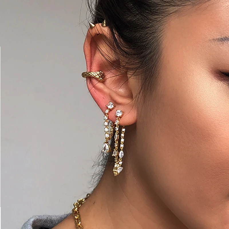 

Brass With 18k Gold Zirconia Tassel Chained Drop Earrings Women Jewelry Party T Show Gown Runway rare Korean Japan Trendy INS