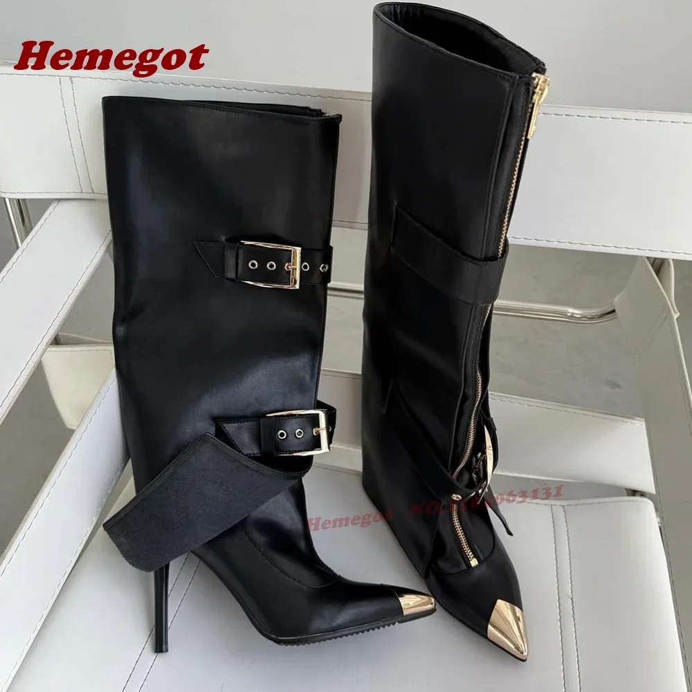 

Front-Zipper Knee High Boots Pointy Toe Burgundy Patchwork Flanging Buckled Gladiator Boots for Women Winter Thin Heels Luxury