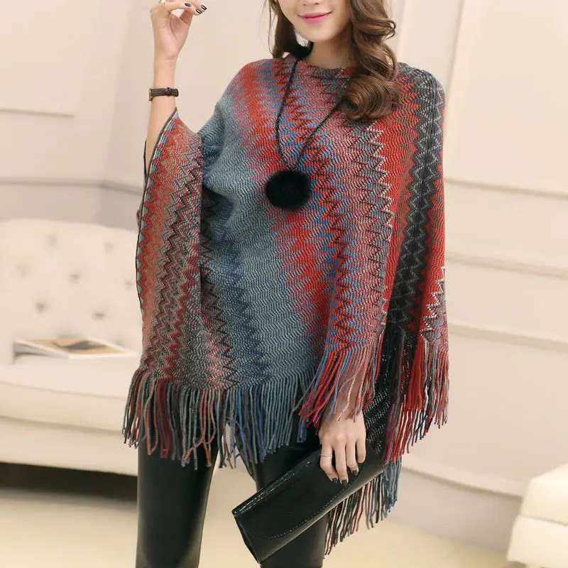 

Trendy Autumn Dress Women's Tassel Shawl Cloak Sweater Round Neck Pullover Irregular Batshirt Knit Coat Spring and Autumn