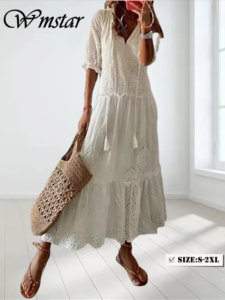 

Wmstar Dress Women Fashion Solid V Neck Maxi Long Dresses Sweet Elegant New in Summer Clothes Wholesale Dropshipping 2023