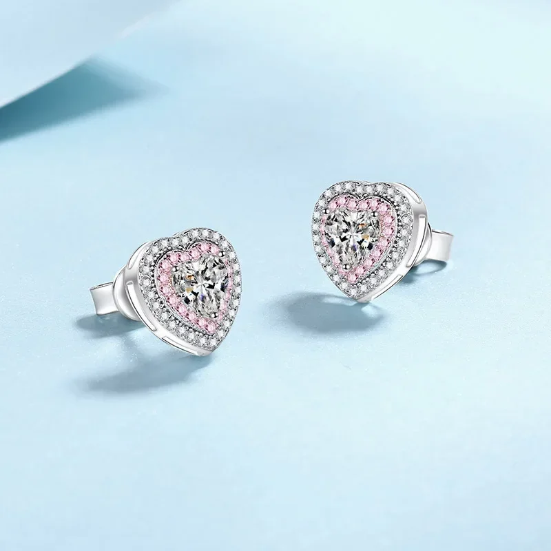 

1 Carat Love Pink Moissanite Stud Earrings for Women, Platinum Pt950 Heart-shaped Ear Pin Sweet Earrings Burst Wedding Jewelry