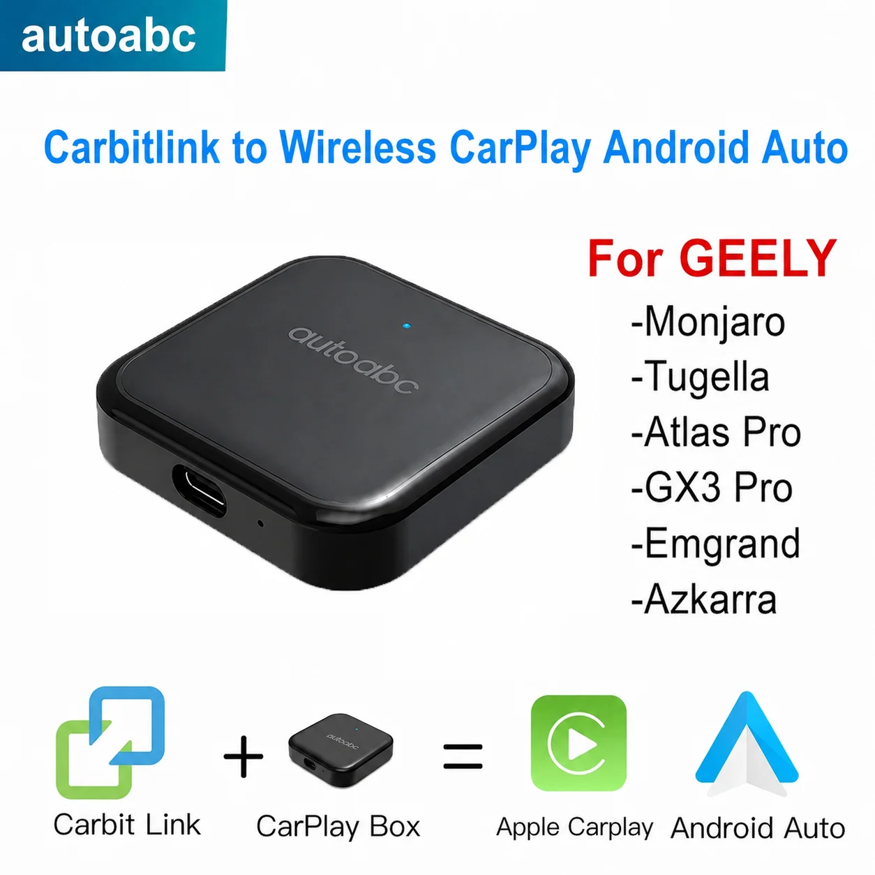 Carbitlink Easylink für kabelloses CarPlay und Android Auto für Geely Tugella, Emgrand, Monjaro, Atlas Pro, Azkarra 2022-2024, Plug & Play