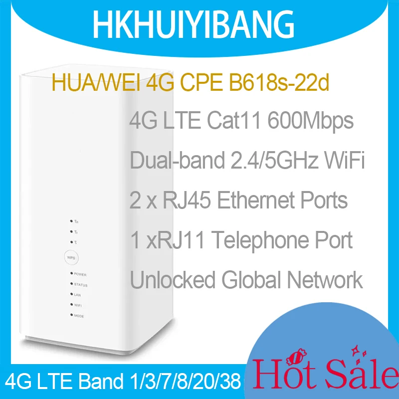 

Unlocked HUA WEI 4G LTE CPE B618s-22d Dual Bands 4x4 MIMO CA IPv4/IPv6 4G CAT11 600Mbps WiFi Home Router Sim Card Slot Modem