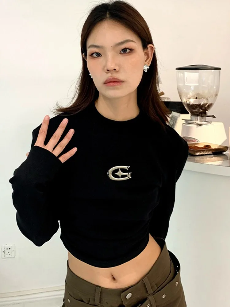 Tonngirls Y2k Black T Shirt Women Clothes Crop Top Long Sleeve Autumn Spring Grunge Aesthetic Slim Skinny Tee Shirt Femme Tops