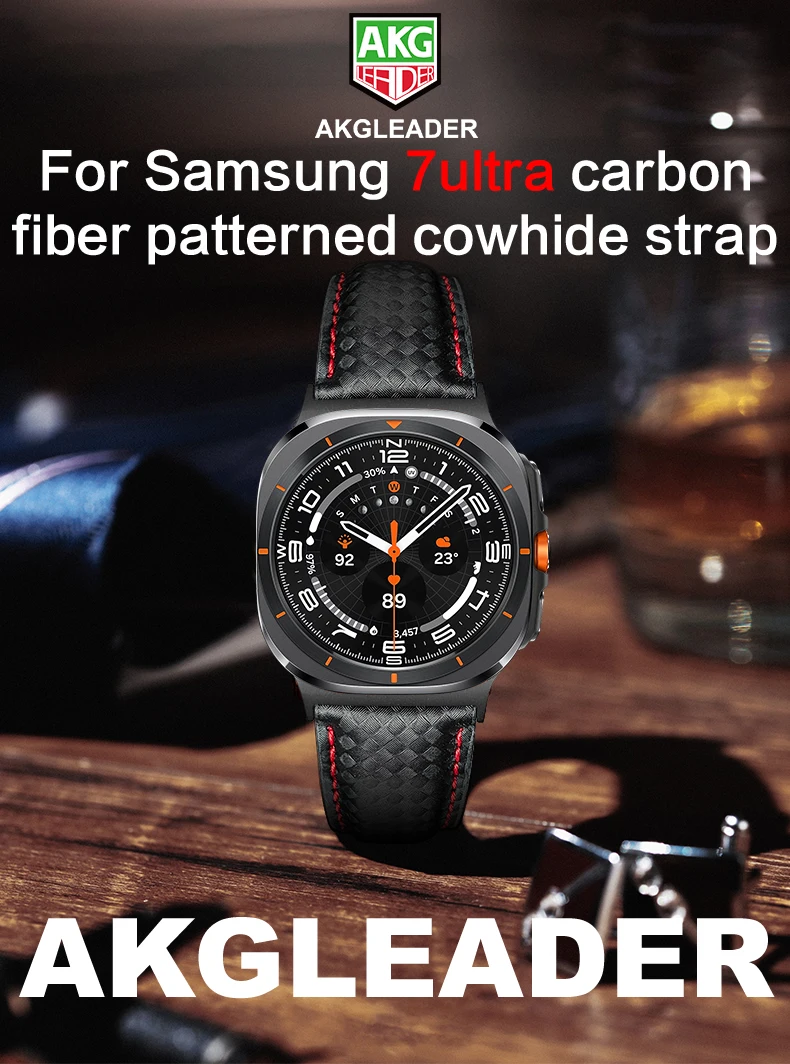 

AKGLEADER Carbon Fiber Patterned Cowhide Leather Butterfly Buckle Watch Strap for Samsung Galaxy Watch 7 Ultra 47mm Band