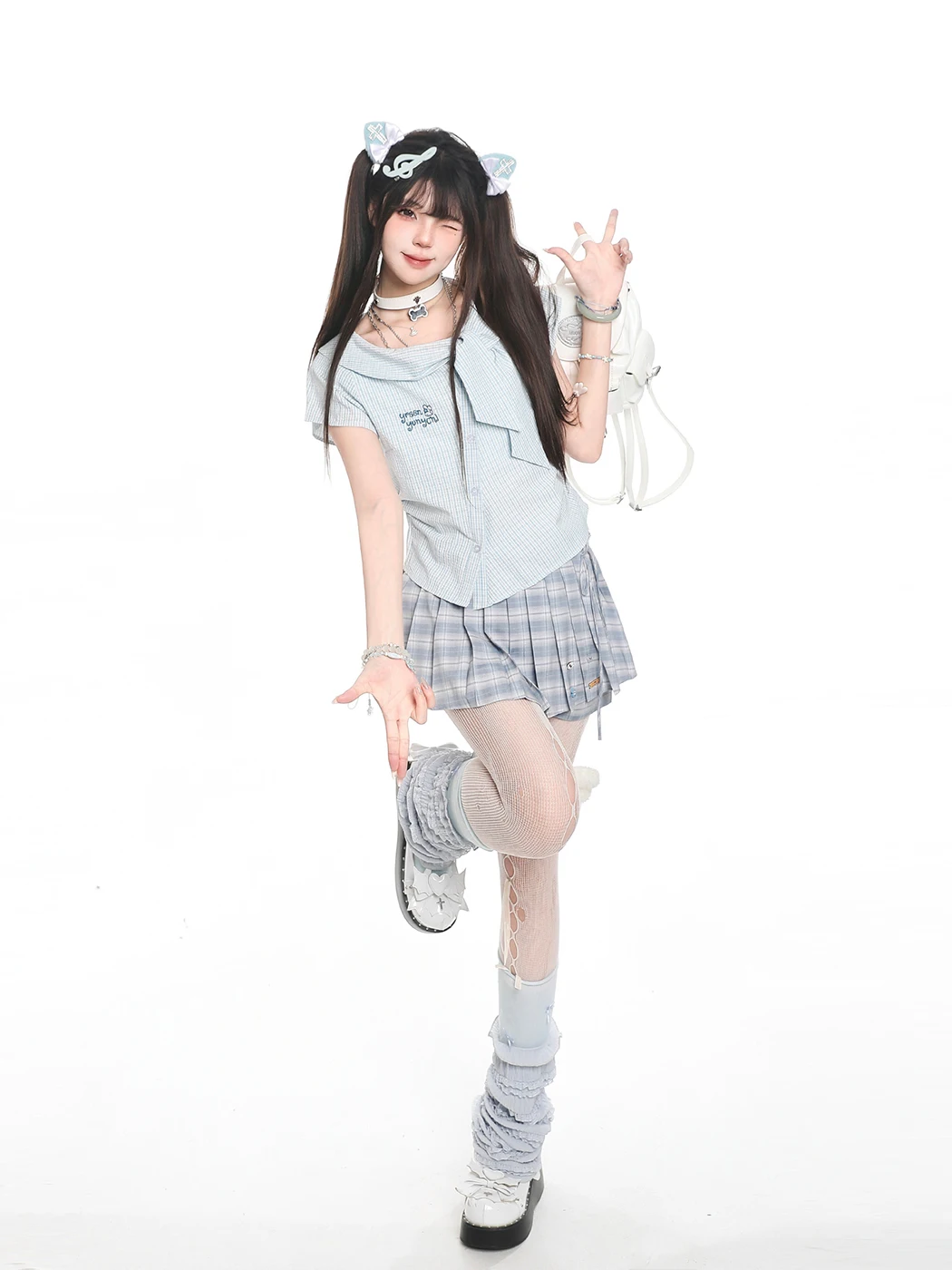 Sweet Style Plaid  Knot Short Sleeve Embroidered Loose  Neck Girls Summer Shirt Casual Breathable Top for Young ...