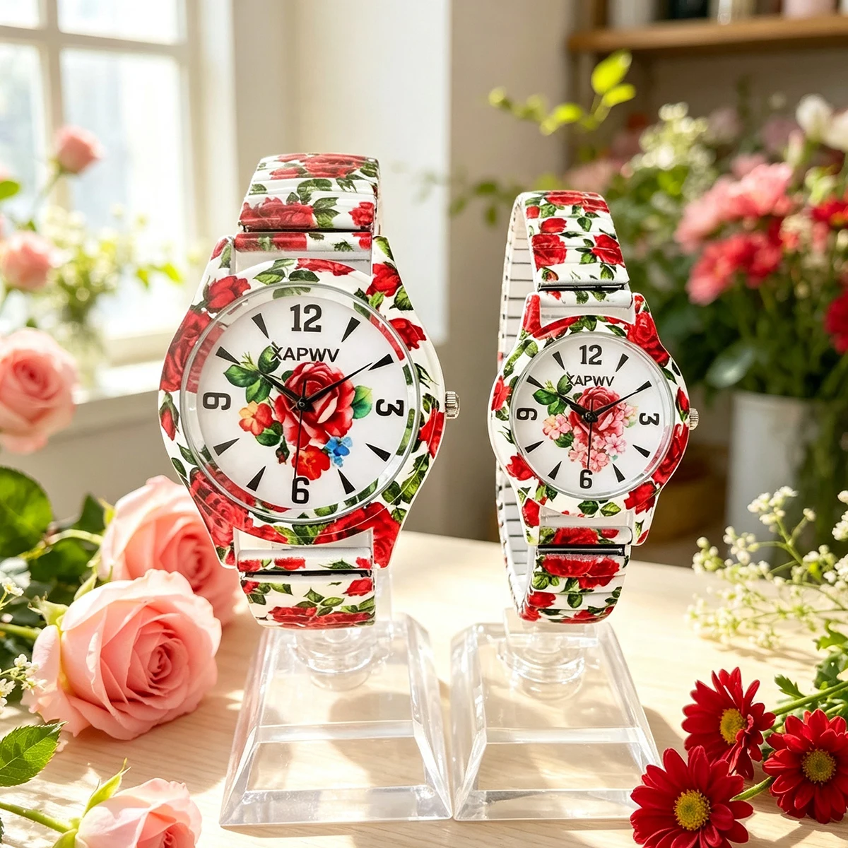 Fashionable Casual Elastic Band Rose Flower Color Women's Quartz Watch Couple's Watch for Men and Women