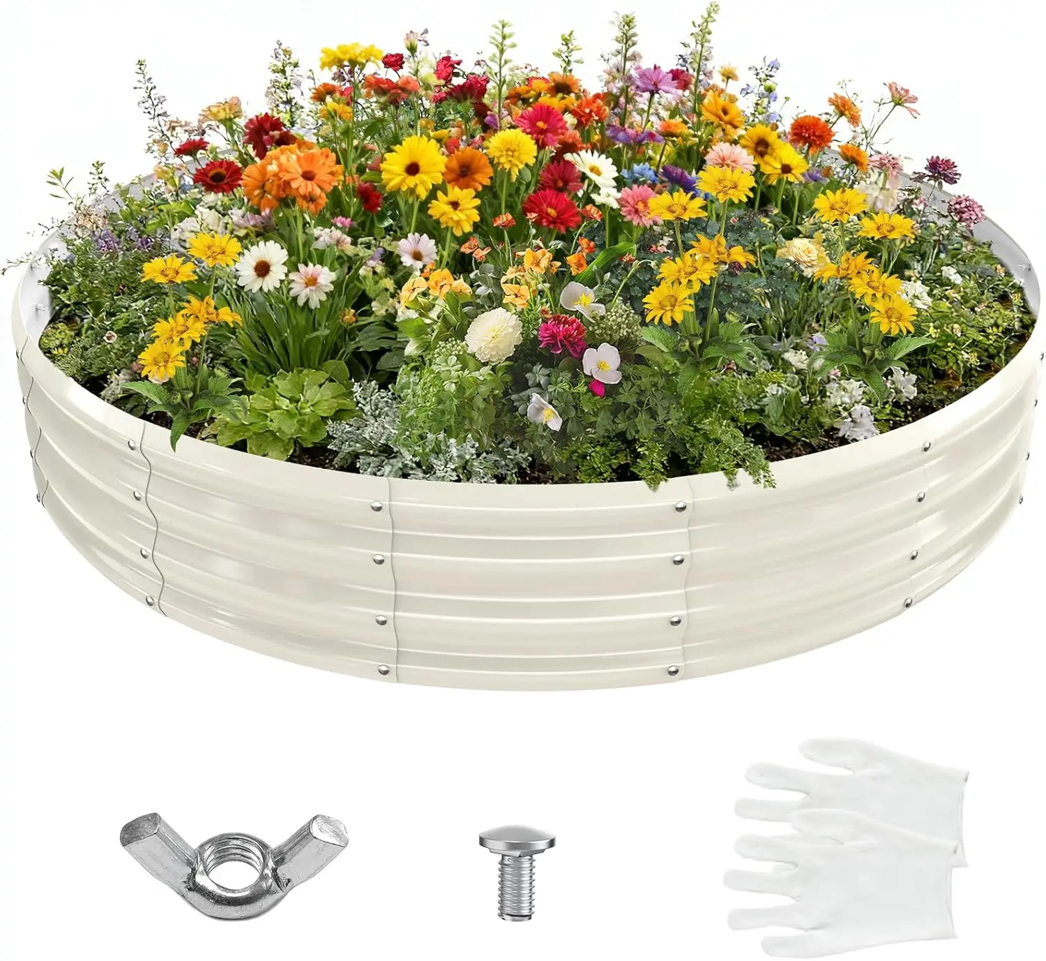 Jardinera Elevada de Acero Galvanizado de 6 Pies de Diámetro, 12 Pulgadas de Altura, Contenedor Redondo para Plantas y Anillo para Hoguera, Sin Bordes Afilados, Color Blanco Crema