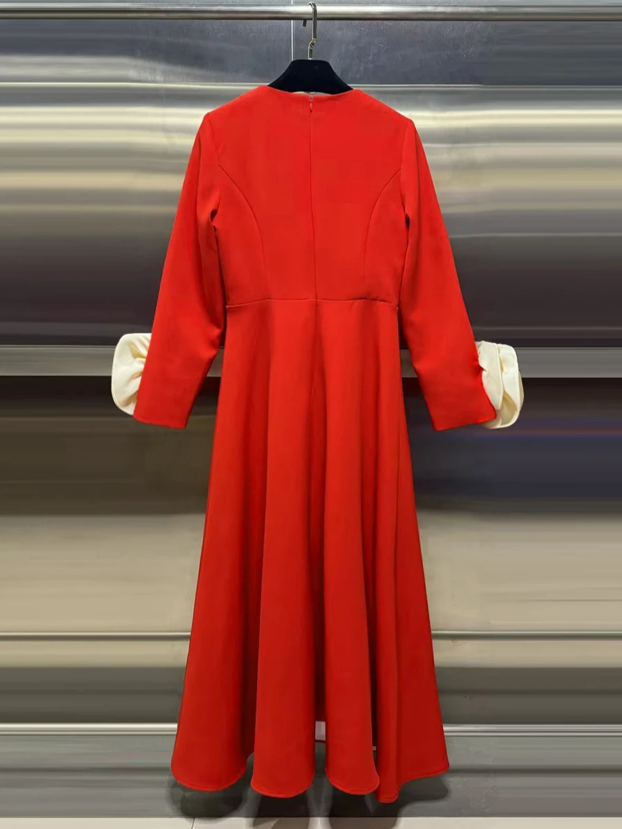 투트윈스타일 히트 컬러 슬리밍 스플라이스드 3D 플라워 드레스 여성용 라운드넥 긴팔 하이웨이스트 우아한 드레스 여성 신상