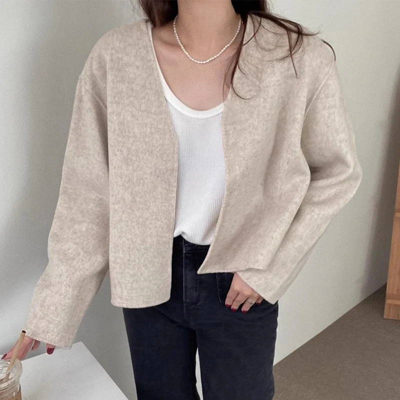 

Chic Autumnal Vintage Simple V-Ne Loose Casual Versatile Small Size Long Sve Open Cardigan Woolen Coat for Women