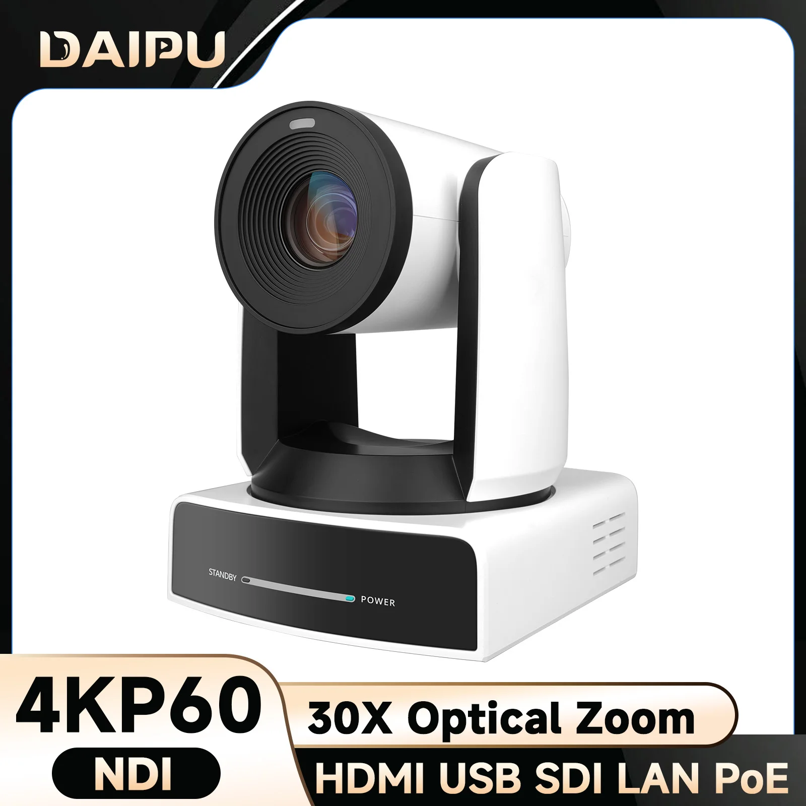 

Камера DAIPU NDI PTZ 4KP60 с 30-кратным оптическим зумом, HDMI, USB, SDI, LAN, POE, AI-трекинг для прямых трансляций в церквях, конференций и YouTube Live