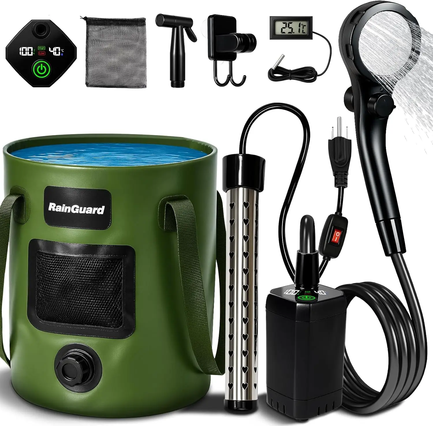 

Портативный походный душ с насосом 6000 мАч, большим складным ведром и фильтрующей насадкой для использования на открытом воздухе