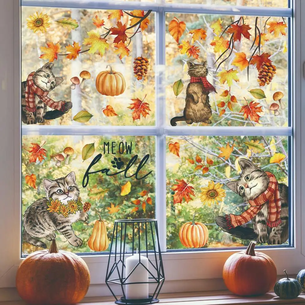 Fade-resistant Autumn Decal Vibrant Autumn Window Stickers Cat Pumpkin Maple Leaves Double-sided Holiday Decor for Thanksgiving