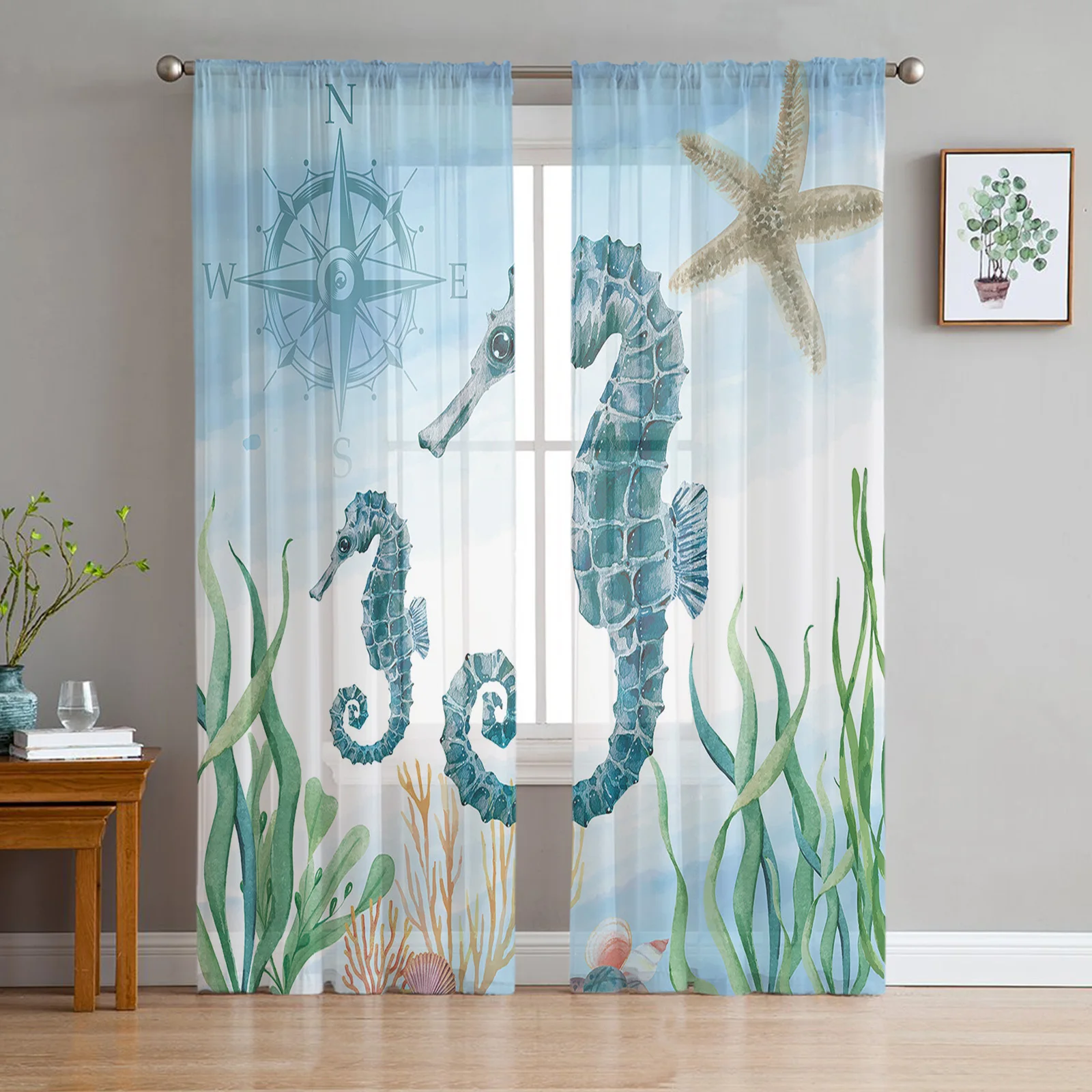 Marine Animal Hippocampus Seaweed Compass Tulle Curtain Voile Transparent for Bedroom Living Room Kitchen Sheer Window Curtains