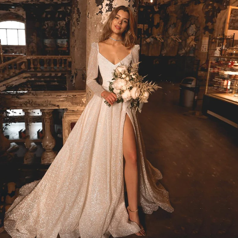 

Gorgeous Glitter Wedding Dresses Elegant A-Line Bridal Gowns V-Neck Side Thigh-High Slit Full Sleeves Train Vestidos De Novia