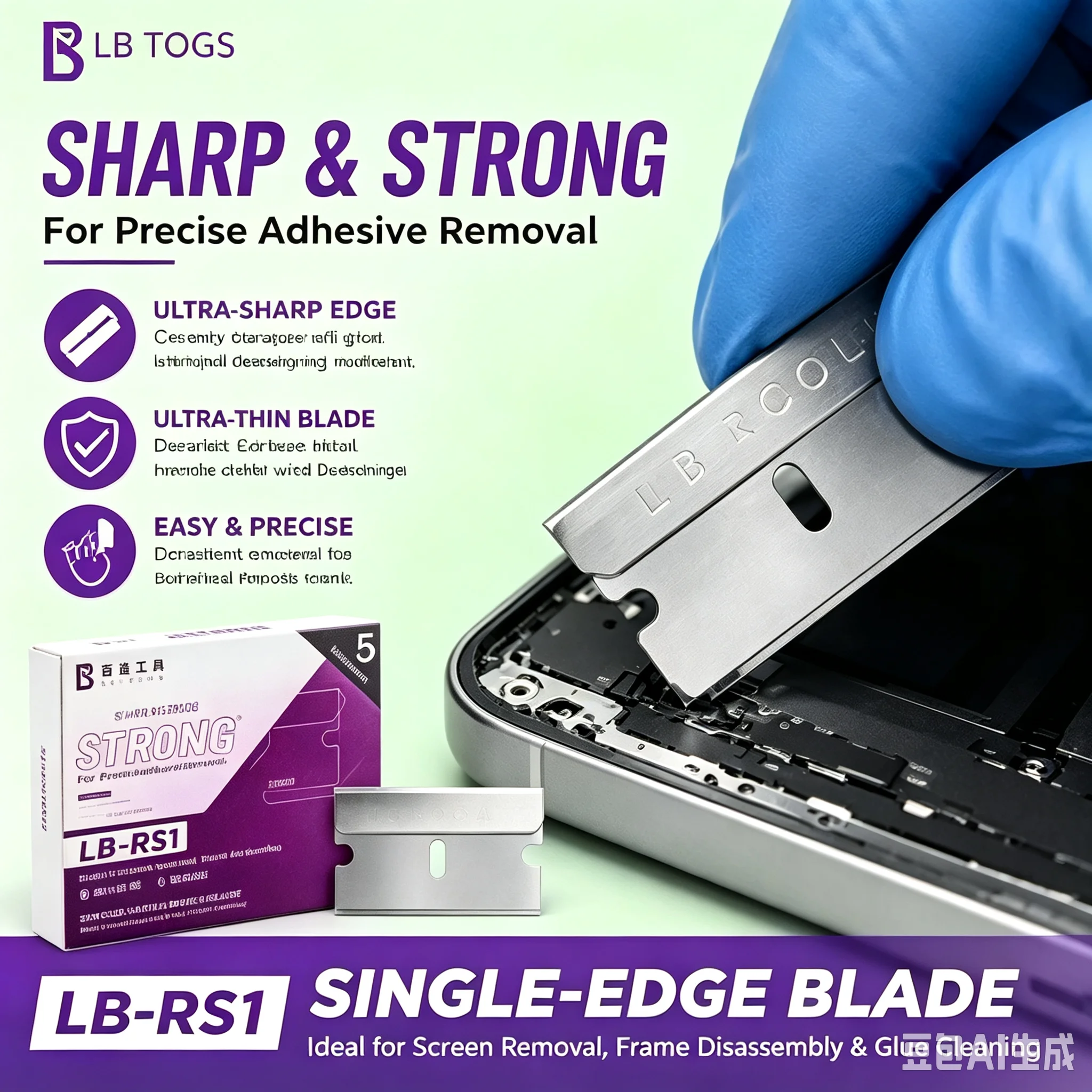 LUBAN RS1 Screen Repair Blades (100 pcs/box) – Tools for mobile phone screen frame disassembly, adhesive removal, and cutting.