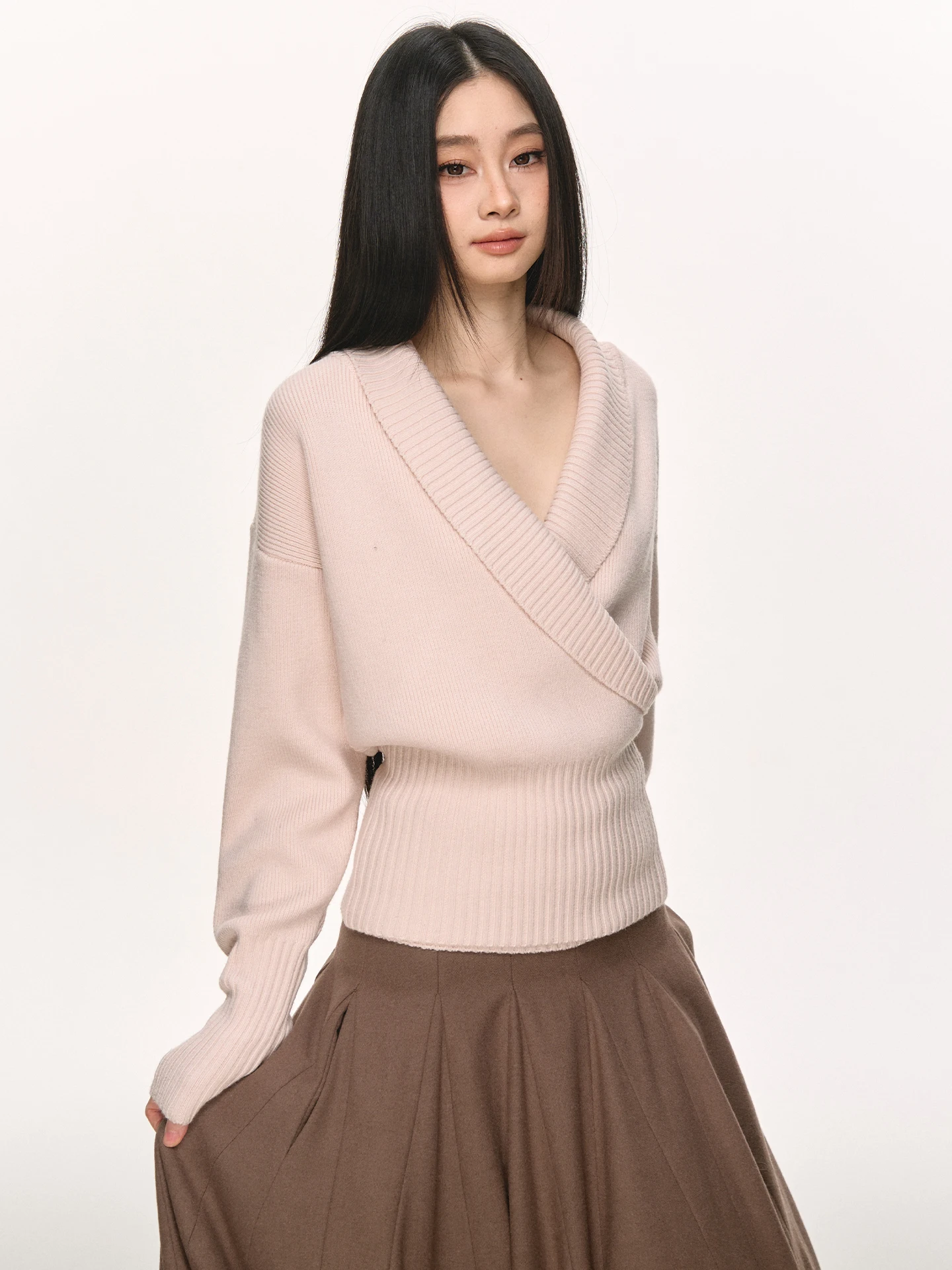 

Anna Aneae Woolen Knitted Sweater Women's Casual Warm Waist-Cinching V-Ne Cross Design Ribbed Winter Faion Top