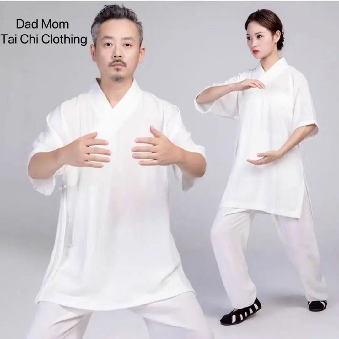Dad Mom Tai Chi Clothing Traditional Chinese Ming Dynasty Costume Vintage Couples Pajamas Inner Wear White Exercise Taoist Robe