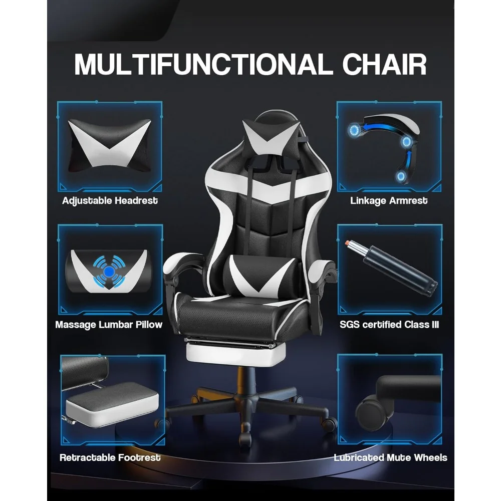 White Gaming Chairs with Footrest, Video Game Chairs fo Teens,Ergonomic Gamer Chair with Headrest,Recliner Chair(Polar White)