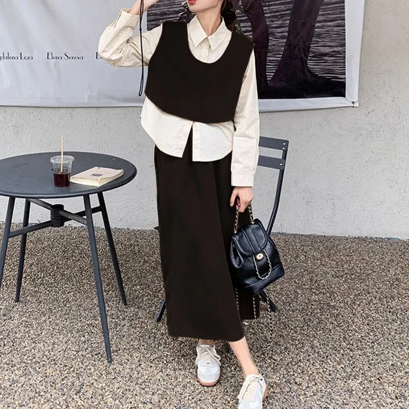 Spring Autumn Turn-down Collar Ladies Suits Long Sleeve Button Shirt Elastic Waist A-line Skirt Solid Color Casual Loose Vest