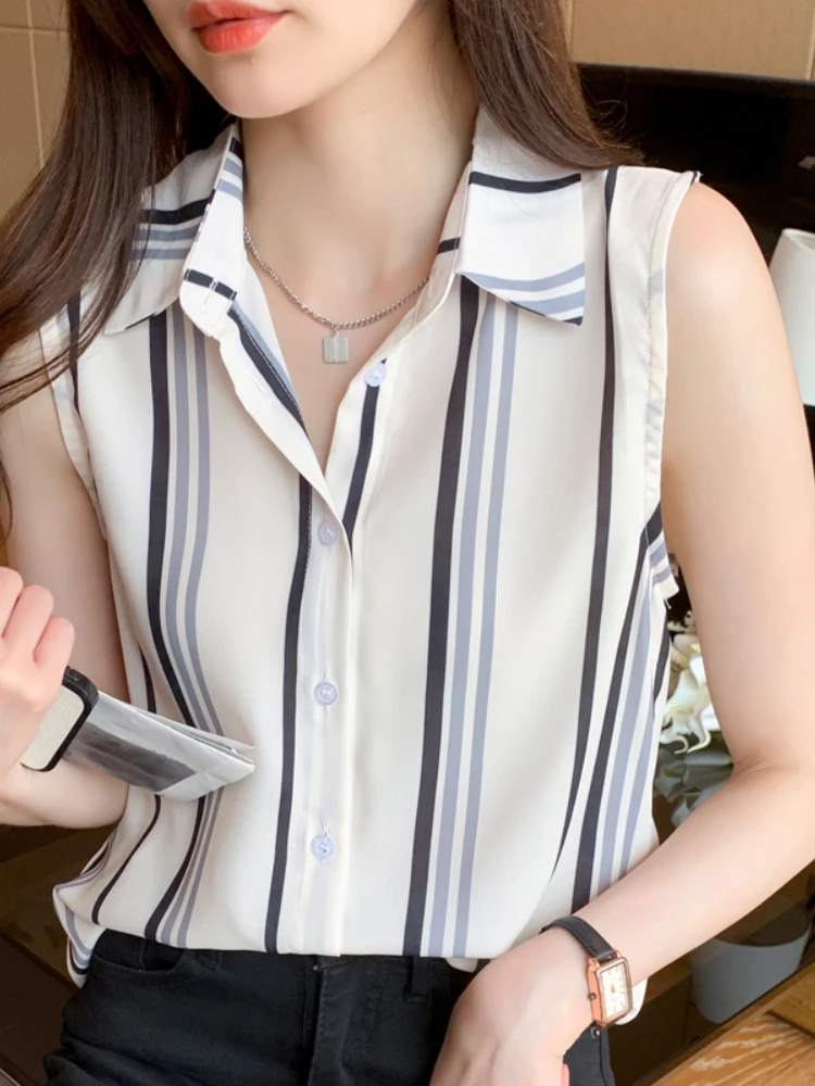 Stripe Summer Women\'s Shirt Chiffon Blouses for Women Sleeveless Shirt Basic Elegant Female Clothing Button Up Shirt Womens Tops