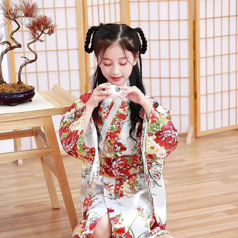 

New Girls Japanese Traditional Costumes Kimono Dress with Obi Dance Wear Children Vintage Bathing Robe Yukata Dance Costumes