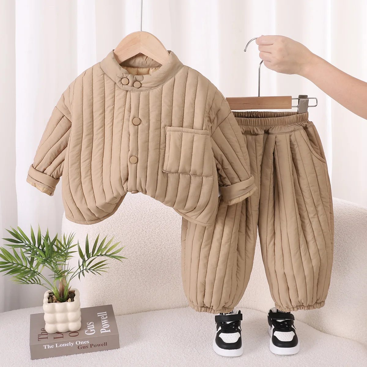 Boys Winter Sets Thickened Two Piece Outfit for Kids Warm Fleece-Lined Sweatshirts + Pants Solid Color Toddler Clothes  123