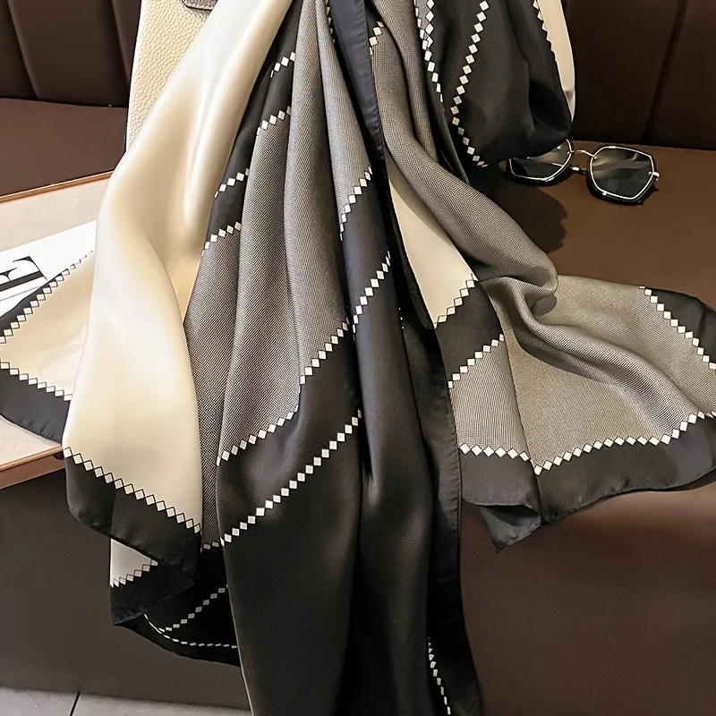 Black Grey Color Block Scarf Elegant Satin Geometric Chain Print Outdoor Sunscreen Shawl Travel Head Wrap Women Trendy Windproof