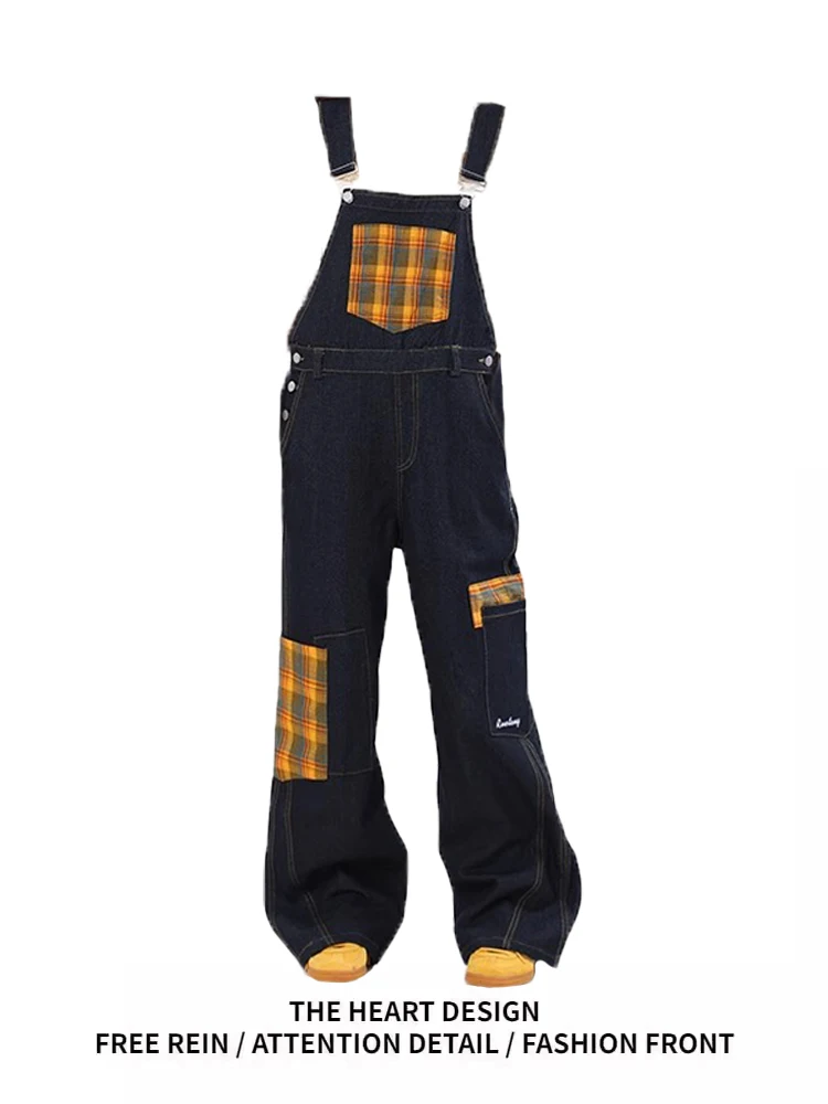 

American Retro Plaid Splicing Denim Overalls Women's Loose Straight Leg One-Piece Pants High Waist Wide Leg Jeans Casual Wear