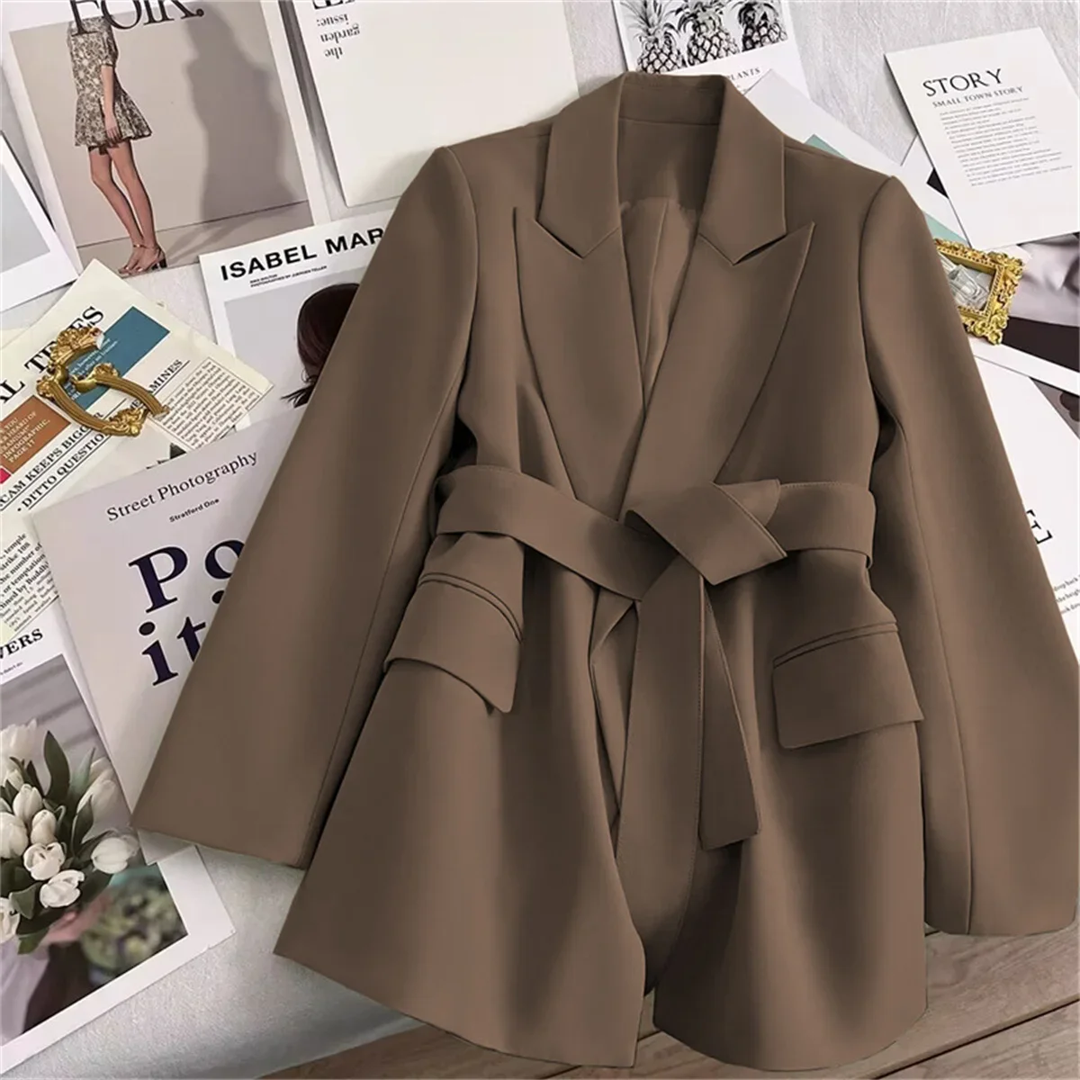 

Women's Suit Coat With Belt Elegant Casual Blazer Korean Fashion Luxury Jacket Spring Autumn Solid Color Ladies Office Clothing