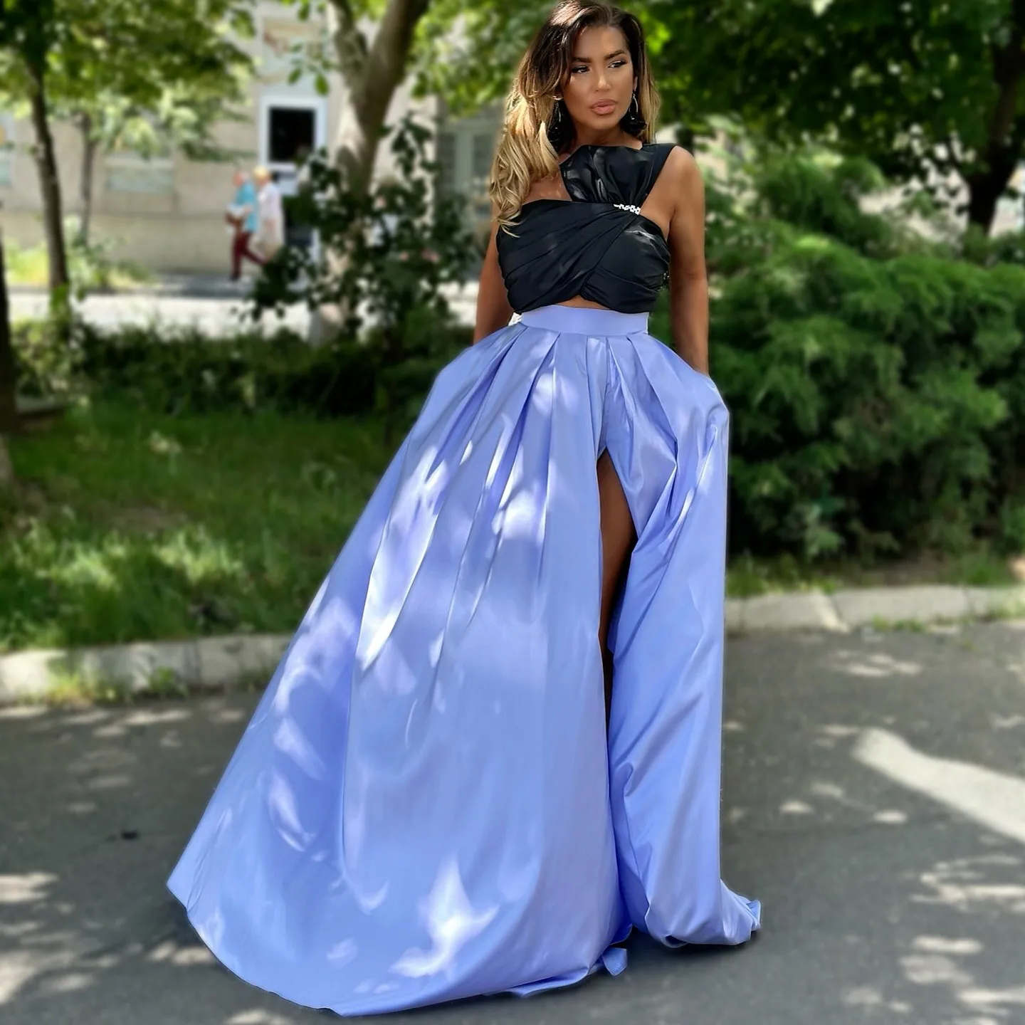 Handmade Lilac Long Satin Split Satin Women Skirts To Party A-line Floor Length Satin Formal Party Skirt Female Maxi Skirt