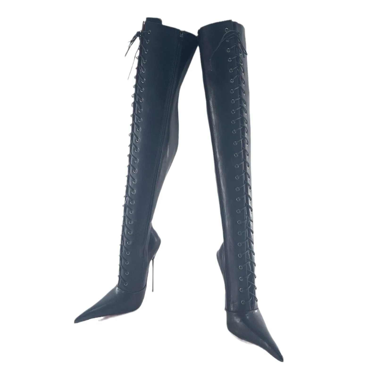 European and American high heels over knee boots with zippers, extra long pointed front straps, sexy fashion shoes, and bound ov