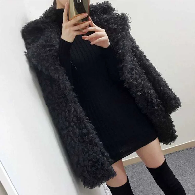 2022 Female Winter New Korean Mid-Length Loop Plush Padded Imitation Lamb Wool Coat Women Loose High-End Warm Cardigan Jacket