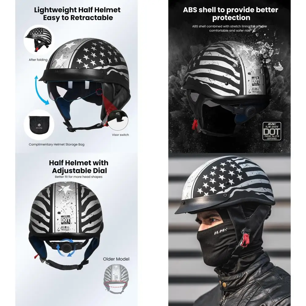 

Motorcycle Open Face Half Helmet with Quick Release Buckle, DOT Approved, for Cycling & Motocross, Size L, Patriotic Flag Design