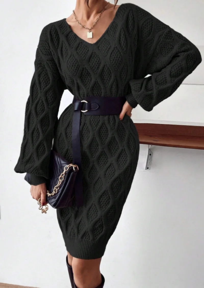 

Vintage V-neck twist knit Dress Women's new Autumn/Winter Slouchy loose slim sweater dress for Women (not including belt)
