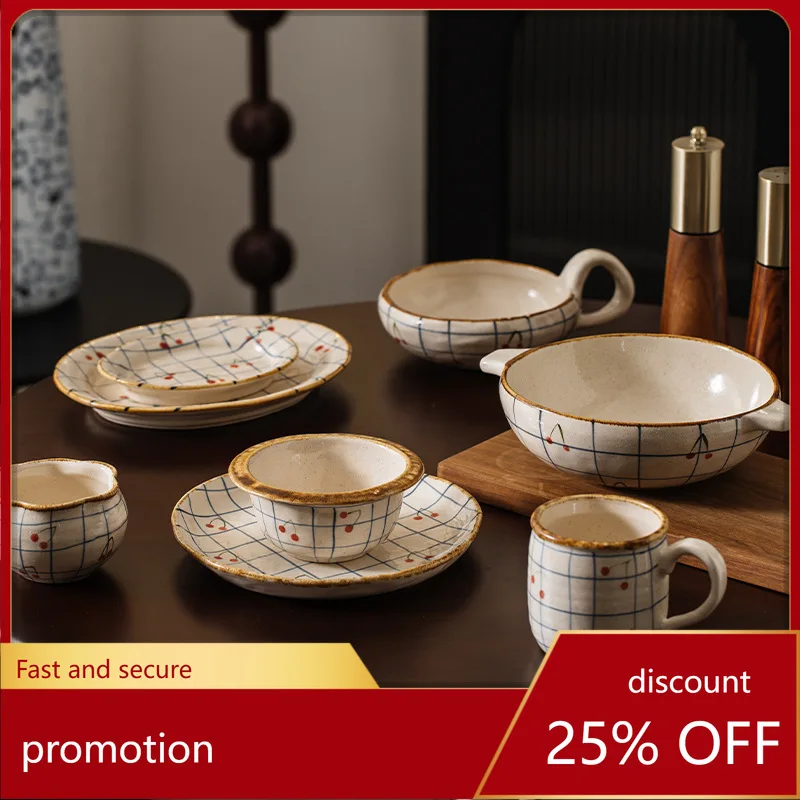 

Zml ceramic coffee cup and saucer set - rustic farmhouse style checkered pattern mug and tea cup