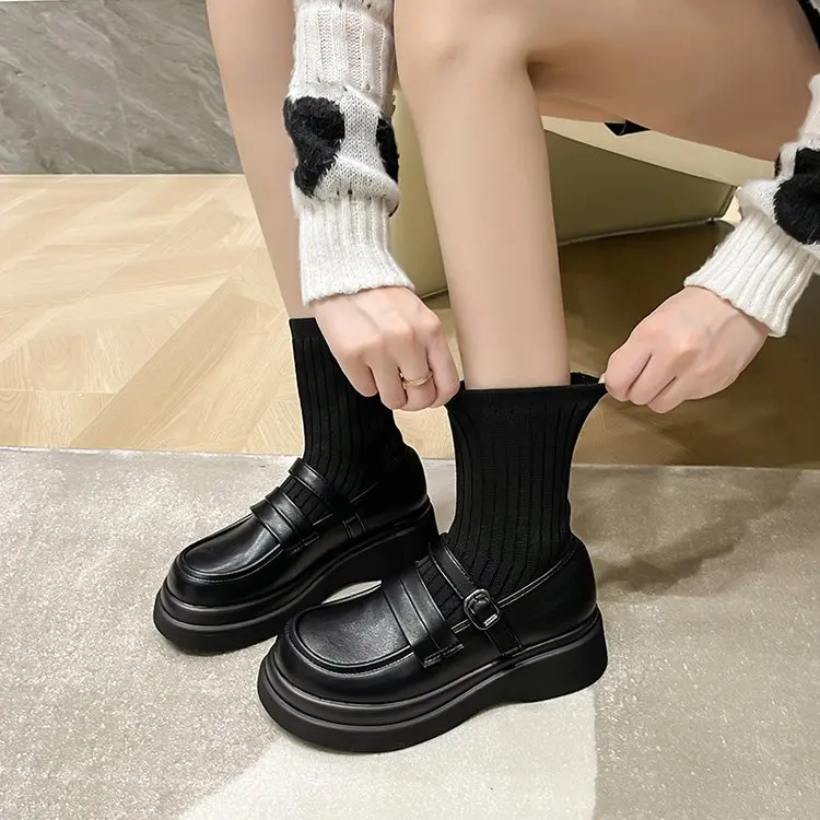 

Women's Ankle Sock Boots Flats Platform Leather Shoes Winter Warm Snow Boots 2025 Fad Walking Casual Shoes Mujer Chelsea Boots