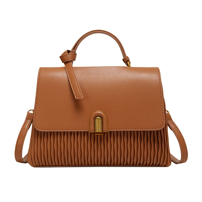 

Women Fashion PU Handbags Metal Buckle Decor Stylish Pleated Design Bags Versatile Shoulder Bags Brown