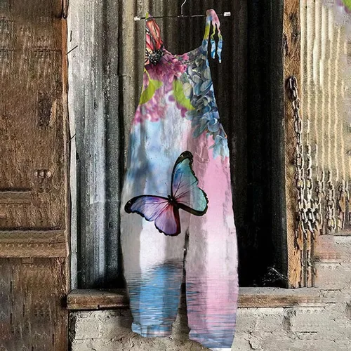 Imagen 2 del producto Mono holgado de pierna ancha para mujer Casual Vintage con estampado de mariposas ajustable mono mono mono mono Mujer