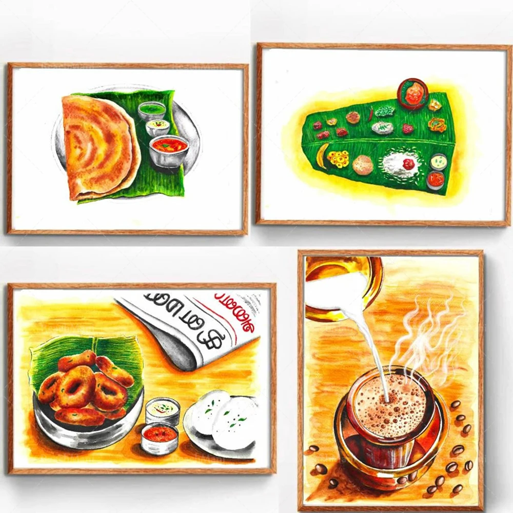 

South Indian Food Art, Tamil Watercolor Painting, Kerala Food Painting, Dosa, Idli Vada Art, Filter Coffee, Kannada Art Poster