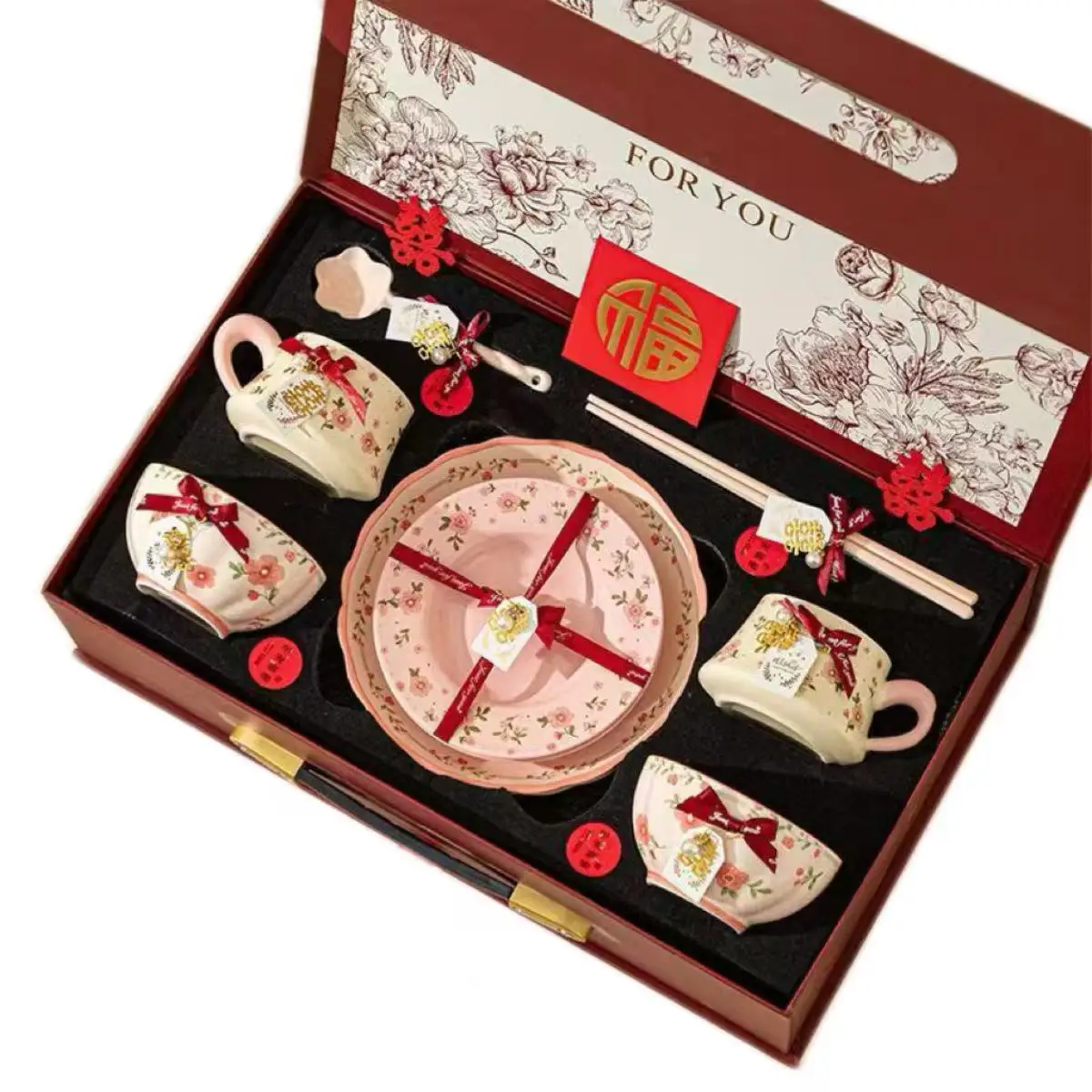 

Small fresh pink floral dishes set, household high-value rice bowl plate combination, bowl utensils, gift tableware