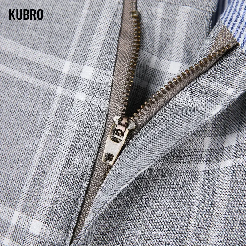 KUBRO New Imitation Linen Trend Plaid Pants Men\'s Straight Casual Personality Man Pattern Trousers Lightweight Smart Multicolor