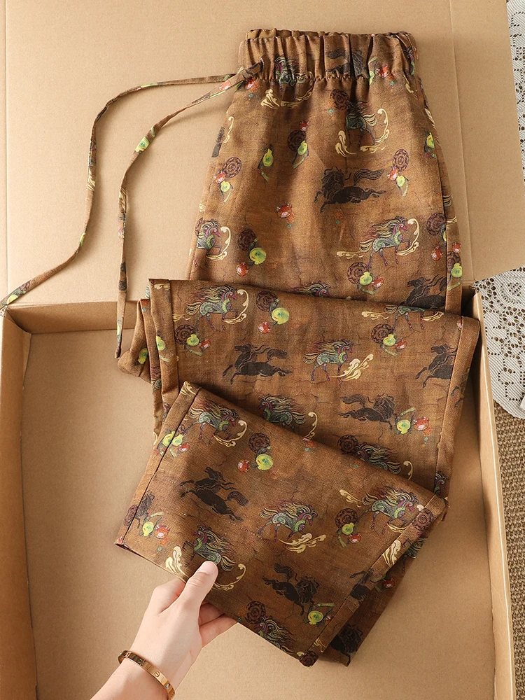 Fashionable Floral Print Wide Leg Pants High Waist Casual Trousers for Women Artistic Vintage Design Nine Point Pants
