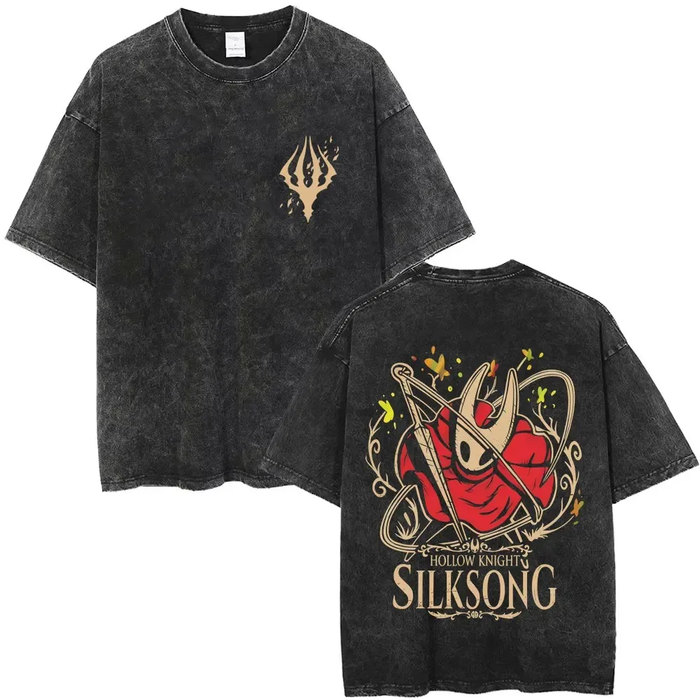 Hollow Knight: camiseta de doble estampado Silksong Hornet: base extragrande de carbón desgastado con símbolo IP y protagonista