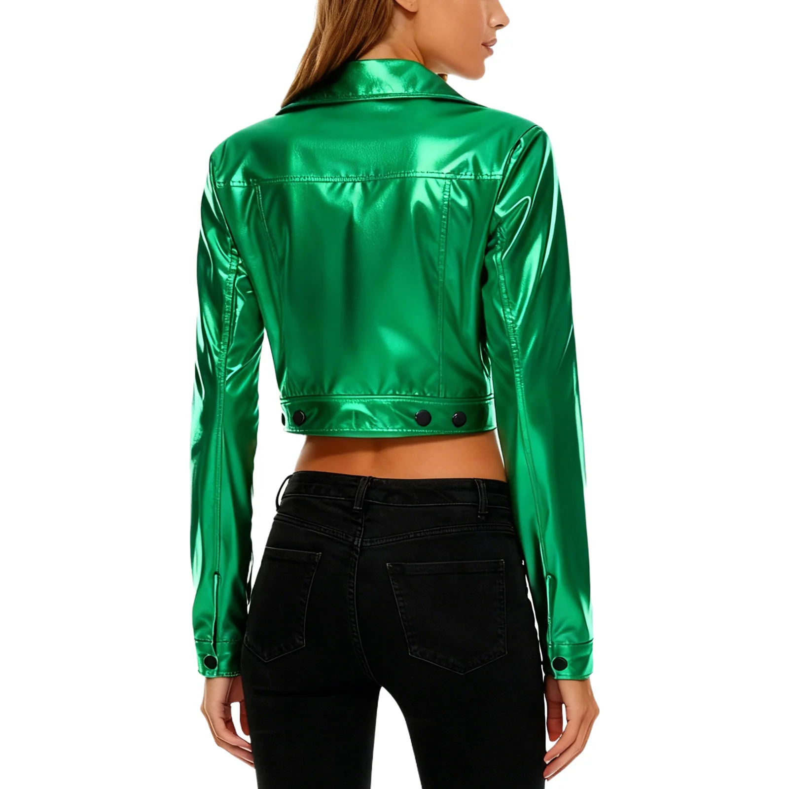 سترة نسائية معدنية لامعة مقصوصة مع طية صدر السترة وأكمام طويلة وسحاب جانبي ملابس خارجية لراكبي الدراجات النارية سترة نادي زي الحفلات #6