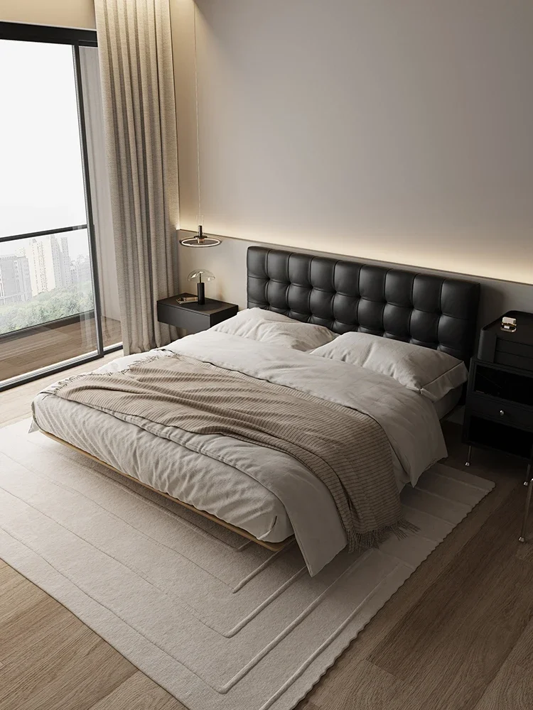 Italian minimalist leather bed, suspended black upholstered bed, retro cloud leisurely leather bed