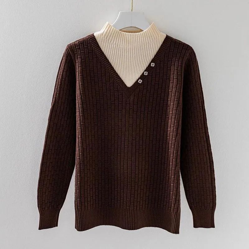 New Autumn/Winter Fashion Korean Edition Retro Fake Two Piece Half High Neck Loose Versatile Western Women's Knitted Sweater