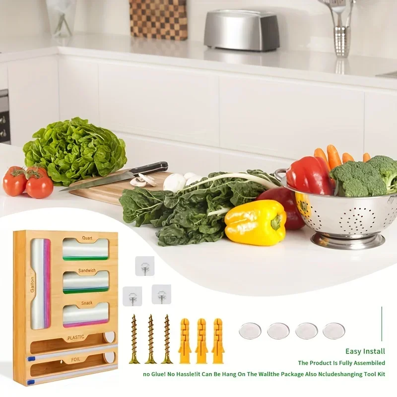 5IN1 Kitchen Storage Shelf Plastic Wrap Dispenser With Cutter Bamboo Ziplock Bag Organizer And Foil And Plastic Wrap Organizer